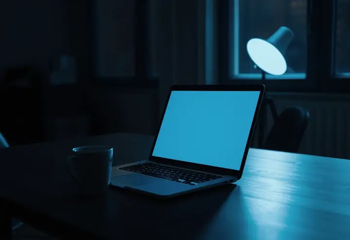 Portátil abierto sobre una mesa de estudio por la noche